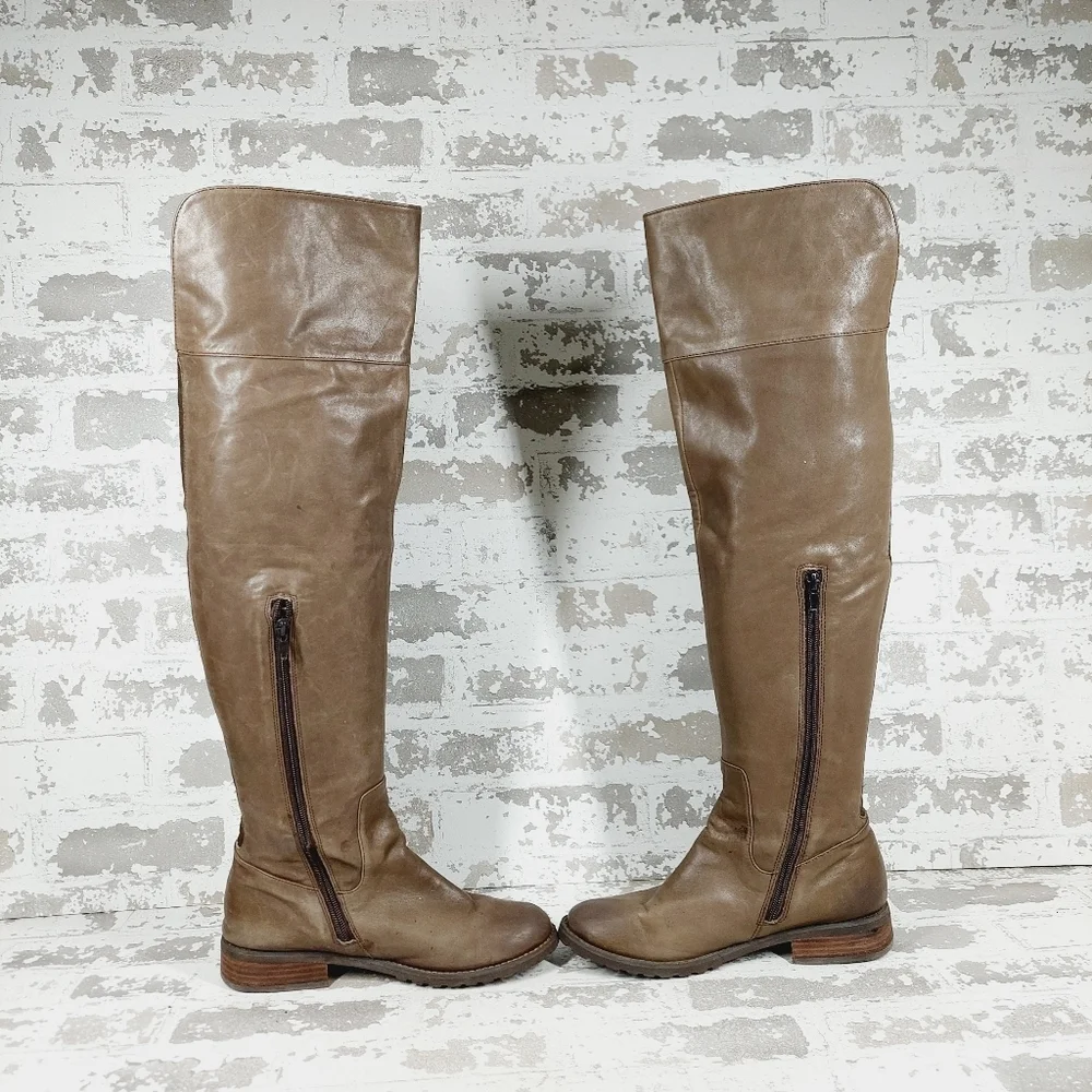 BP Brown Leather Side Zip Round Toe Low Heel Over the Knee Boots A768